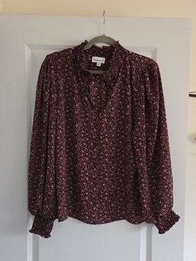 Black Floral Long-Sleeve Ruffle Neck Blouse